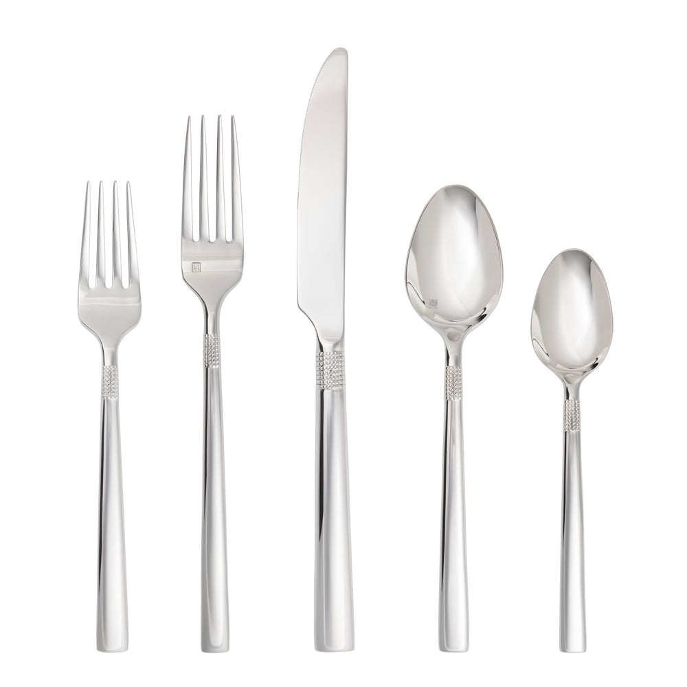 Front view of Sonia Flatware Set showcasing beaded handles with a white background