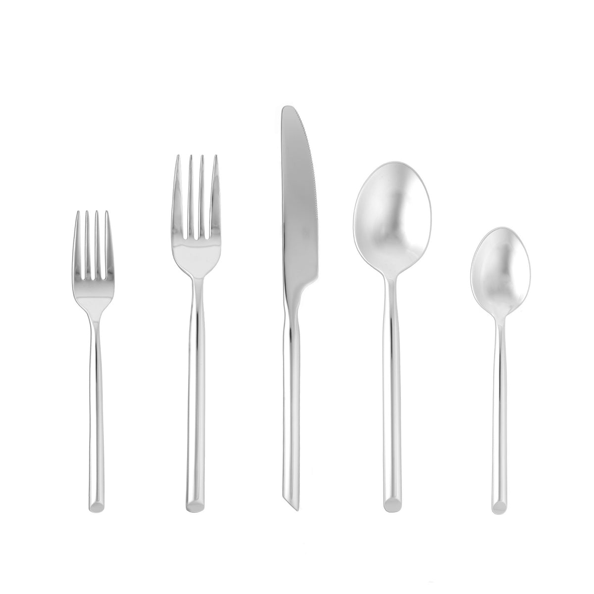 Flat lay of Capri 5-piece flatware set showing stainless steel and rounded handles with slanted ends on white