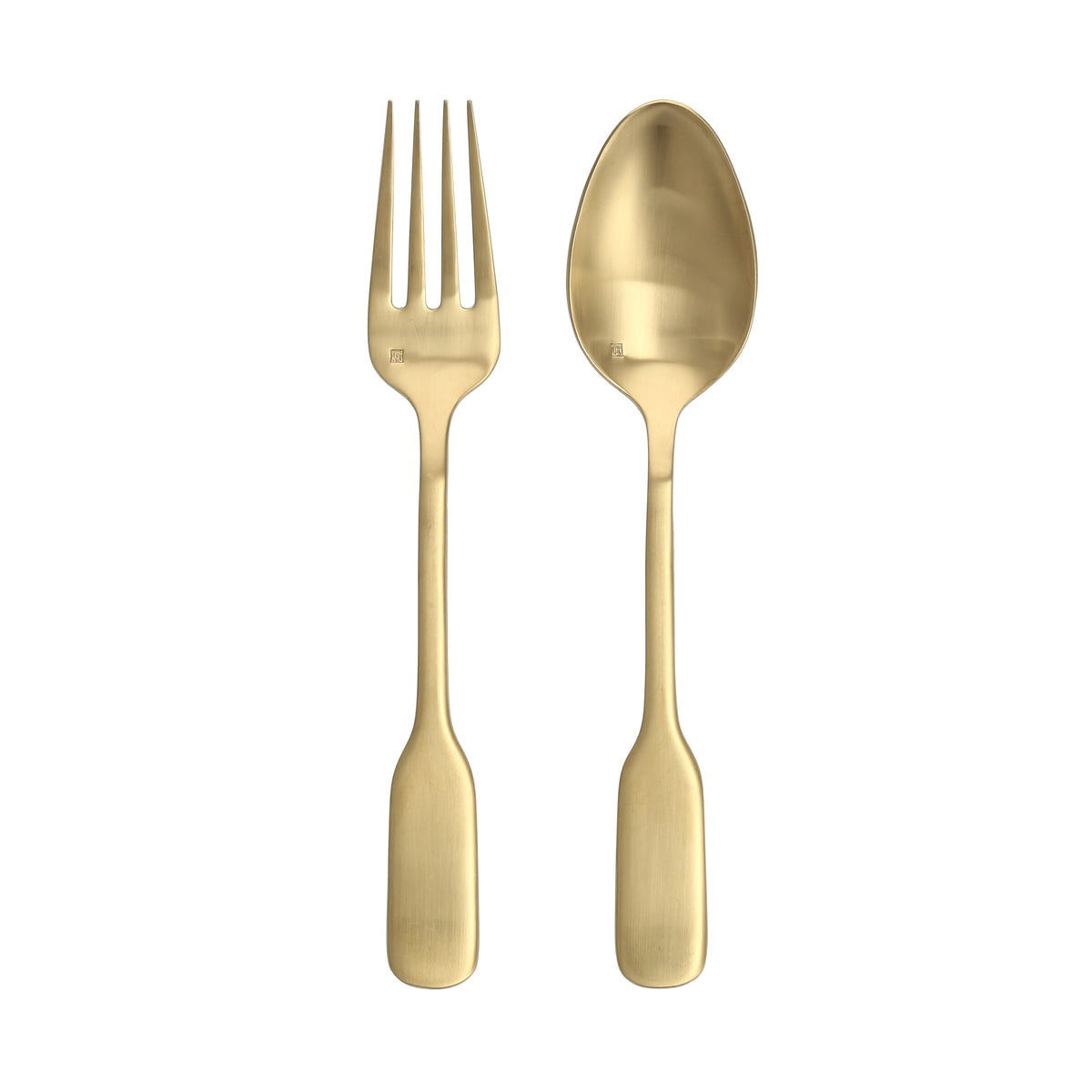Front view of Ashton Brushed Gold two piece flatware set showing a fork and spoon with brushed gold finish on white background