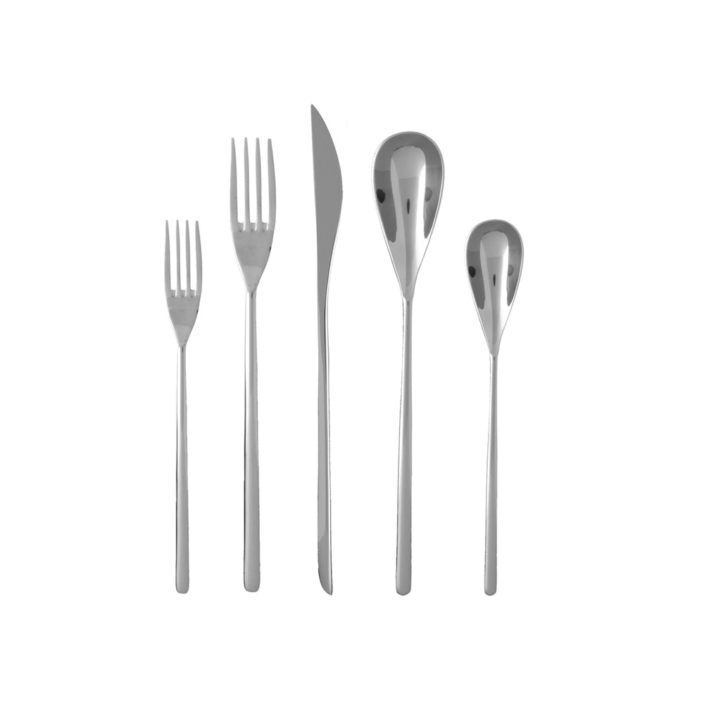 Front view of Dragonfly Flatware Set showcasing five slim-profile 18/10 stainless steel utensils on a white background