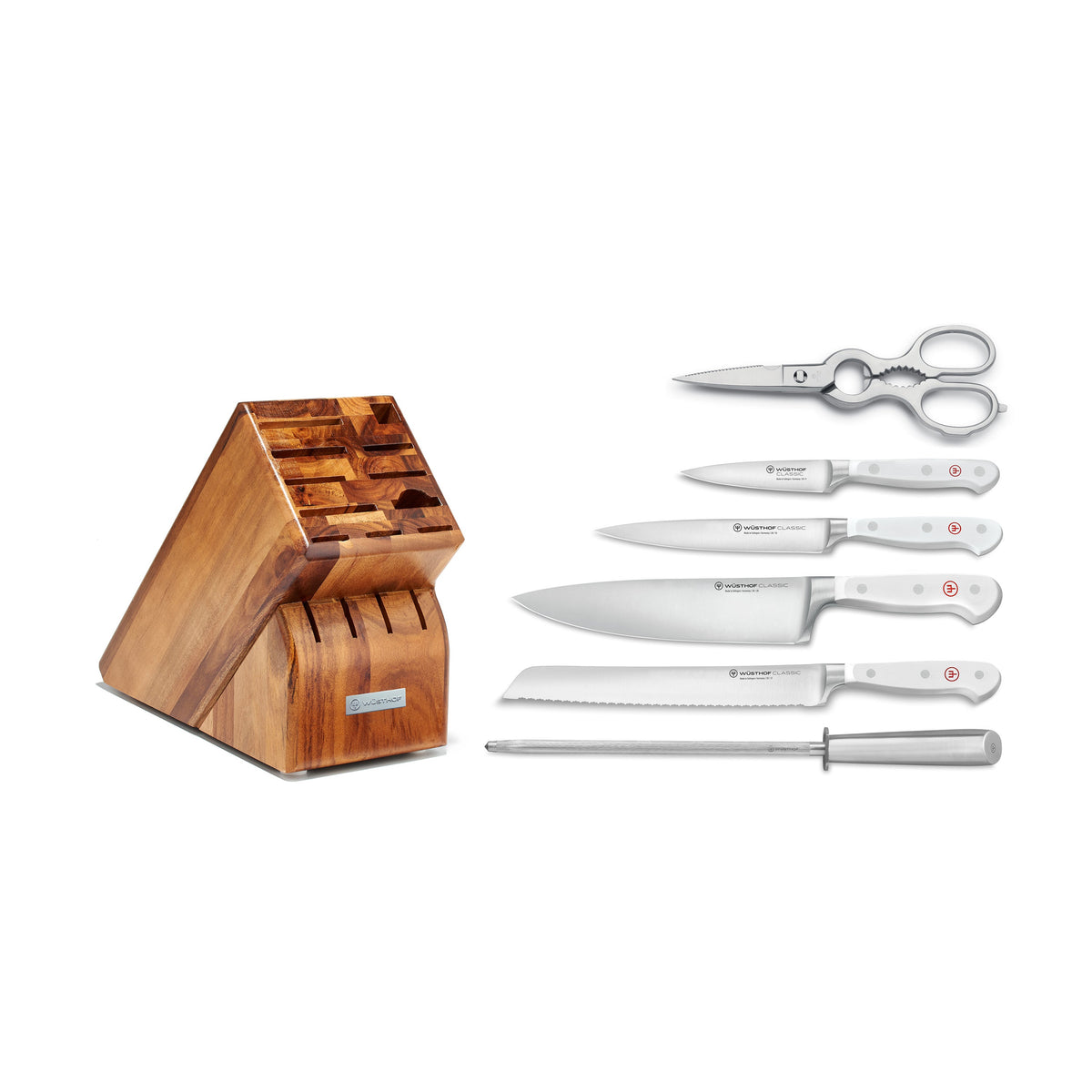 Front view of Classic Knife Block Set in White, Set of 7 showcasing white handles and wooden storage block