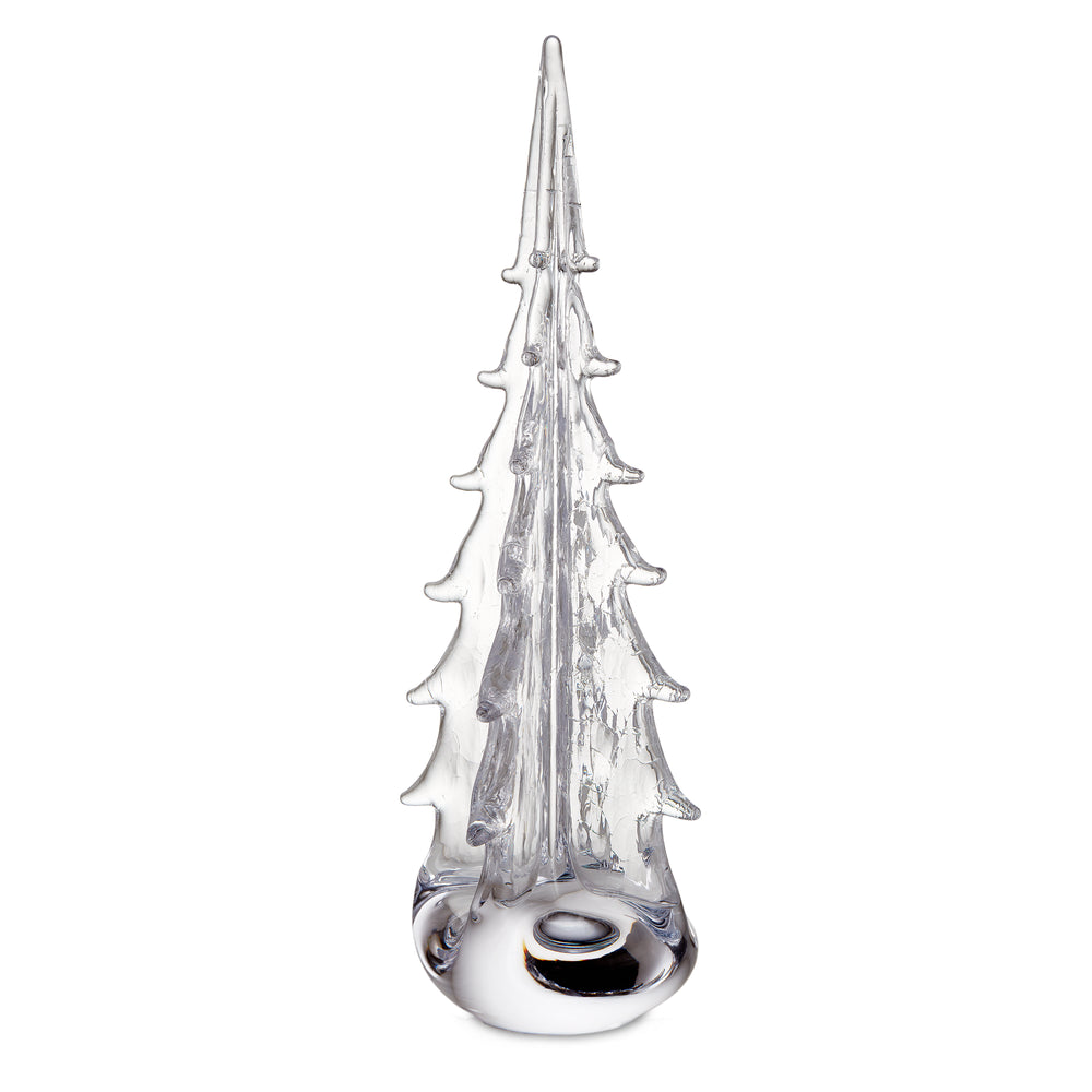 Front view of Crackle Four-Sided Evergreen glass tree showcasing crackled prism-like texture and four-sided silhouette on white background