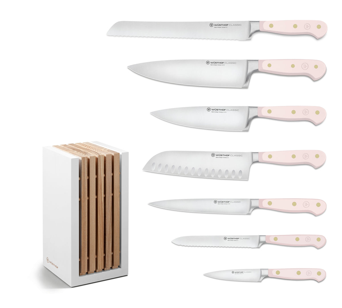 Front view of Classic Designer Knife Block Set in Pink Himalayan Salt showing eight pink-handled knives and block