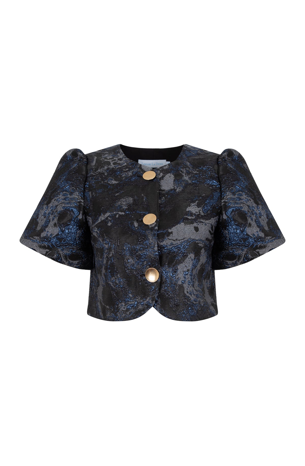 Front close-up of Emilia Set in Black & Blue showcasing shimmering brocade, puff sleeves, and gold buttons on white