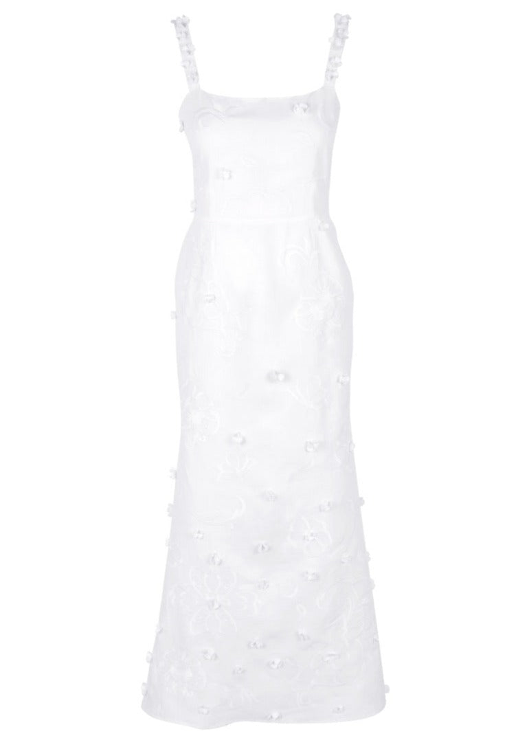 Front view of Alexandra maxi dress, square neckline, slim fit, floral 3D appliqués, beaded straps, white background