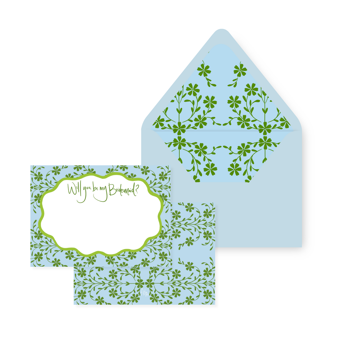 Angled view of Cornflower Botanical Gardens stationery: 5x7 floral card reading Will you be my Bridesmaid and matching floral-lined envelope