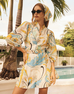 Valencia Mini Dress in Marble Rhapsody linen organza with mandarin collar, balloon sleeves, removable belt, and side pockets.