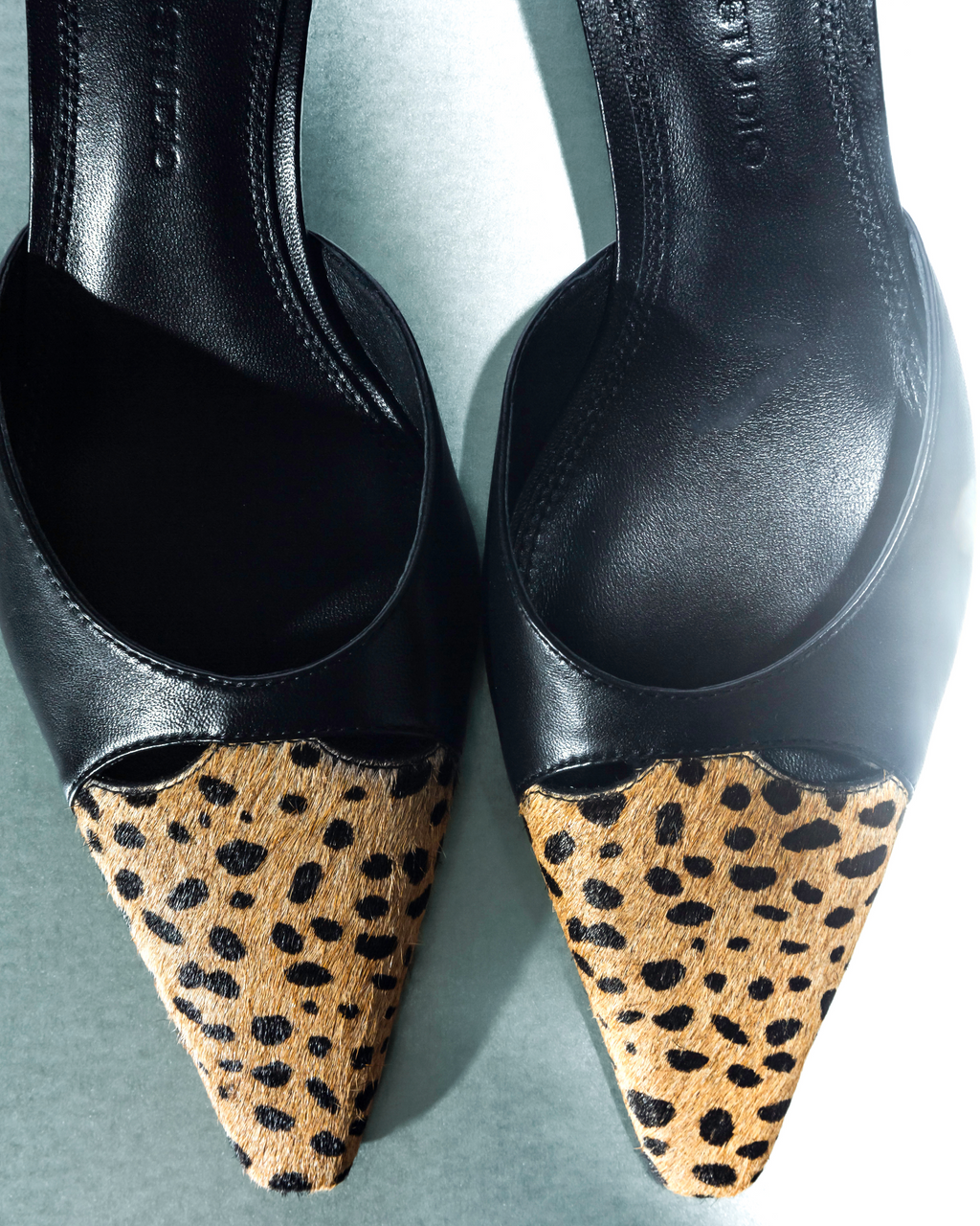 Rue 50 Mule in Black Leather / Camel Dotted Cheetah Pony Hair