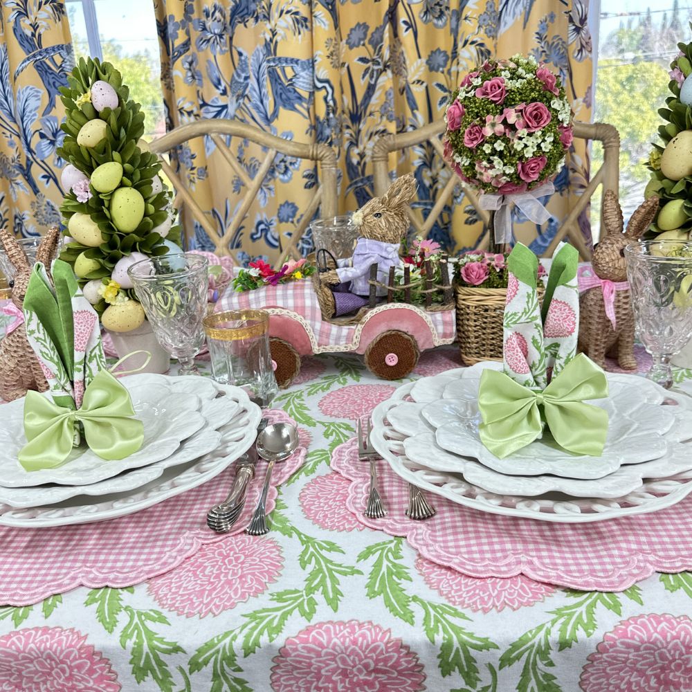 Easter tablescape, Easter placemat, Pink gingham placemat, embroidered placemat, pink and green napkin