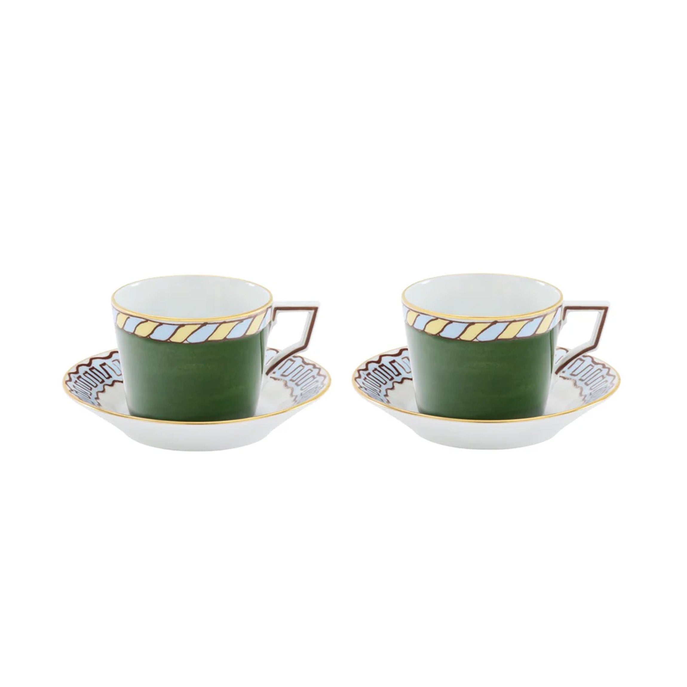 Ill Viaggio Di Nettuno Luna Tea Cup with Saucer in Green & Light Blue, Set of 2