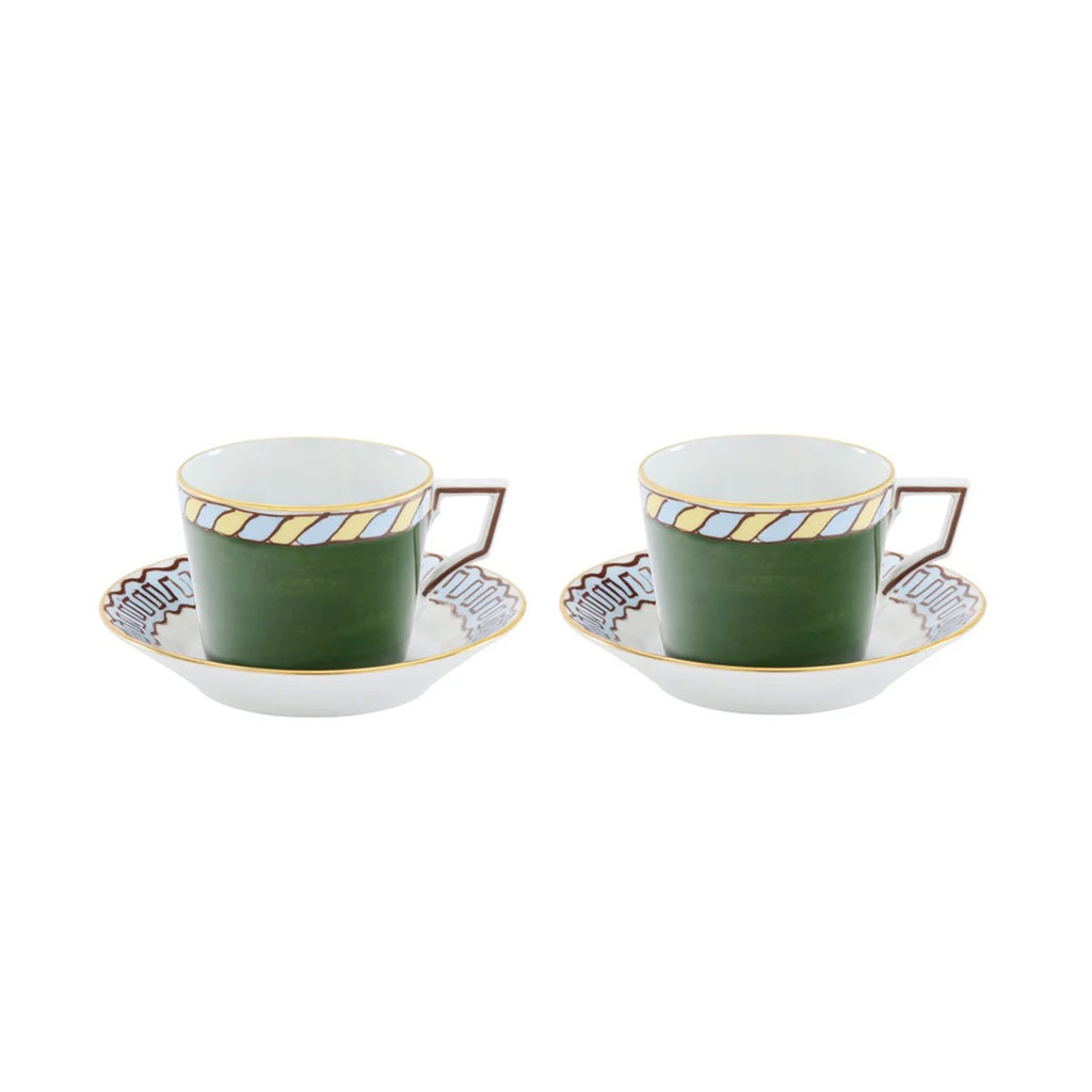 Ill Viaggio Di Nettuno Luna Tea Cup with Saucer in Green & Light Blue, Set of 2
