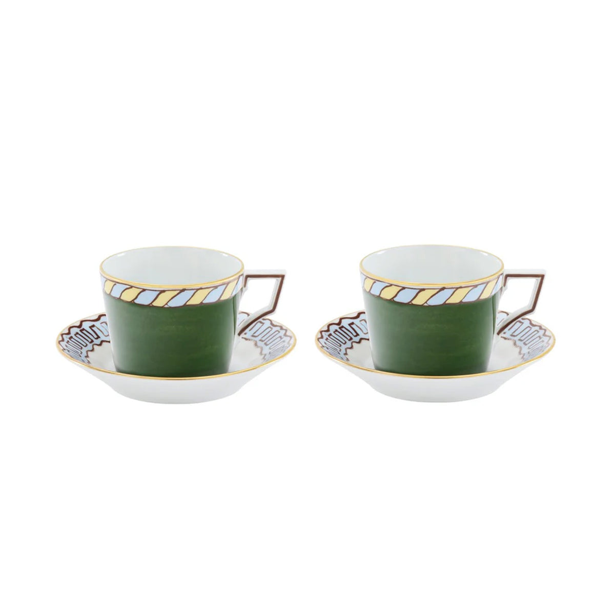 Ill Viaggio Di Nettuno Luna Tea Cup with Saucer in Green & Light Blue, Set of 2