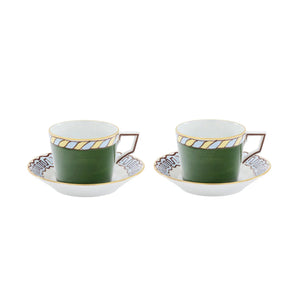 Ill Viaggio Di Nettuno Luna Tea Cup with Saucer in Green & Light Blue, Set of 2