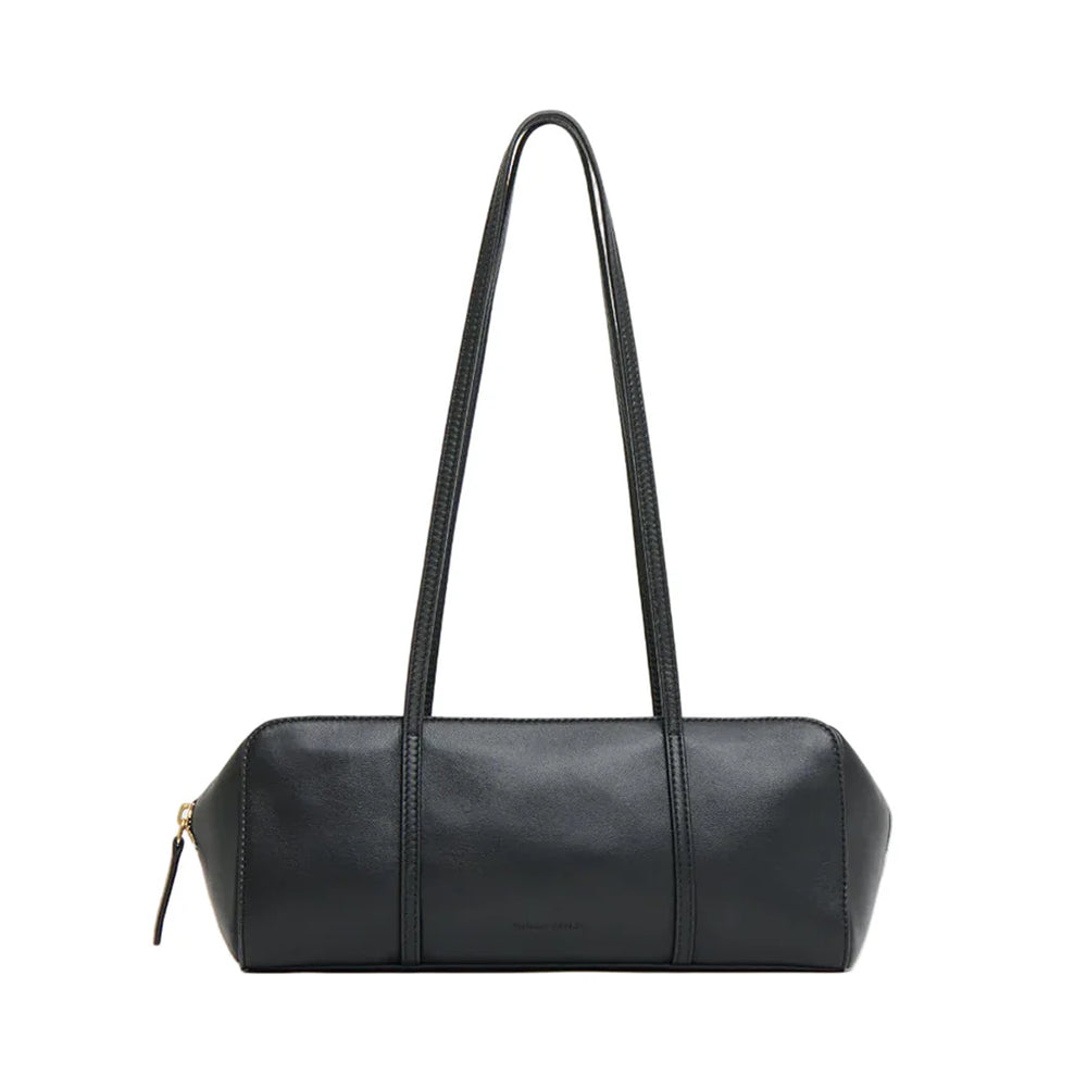 Front view of Filo Bag in black showing soft rectangular silhouette, thin double straps, and top zipper on white background