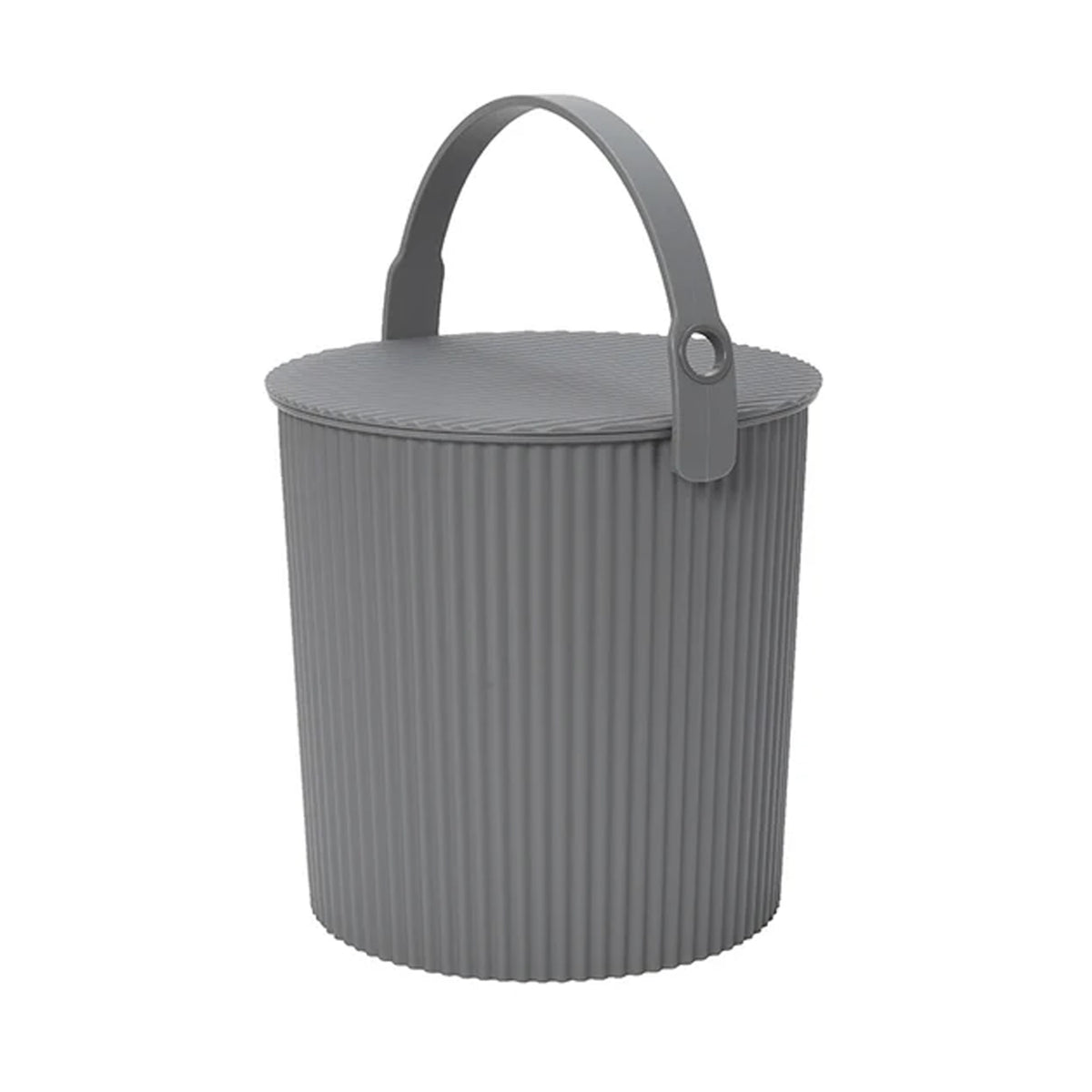 Three-quarter view of Hachiman Bucket Large in New Grey showcasing ribbed exterior, lidded top, and upright carry handle on white background