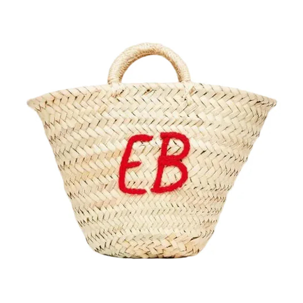 Front view of Monogram Basket showcasing red EB embroidery with a white background