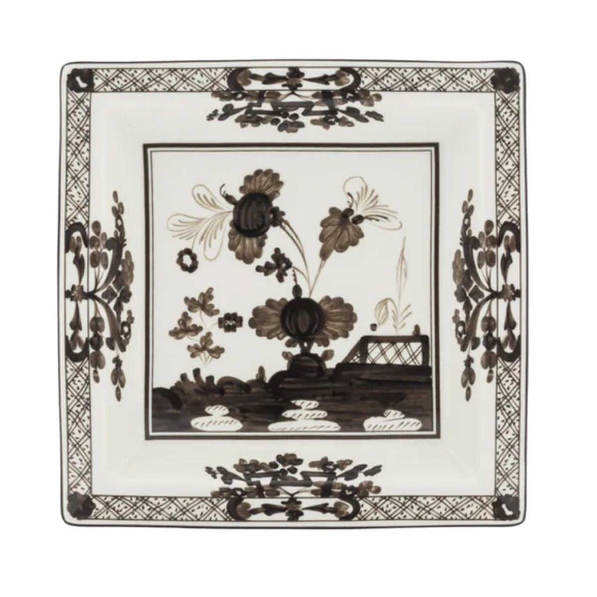 Top-down view of Oriente Italiano large squared vide-poche showing brown floral motif and lattice border on white porcelain