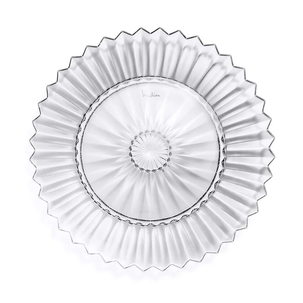 Top-down view of Mille Nuits large crystal plate showcasing fluted grooved rim and radial starburst center on a white background