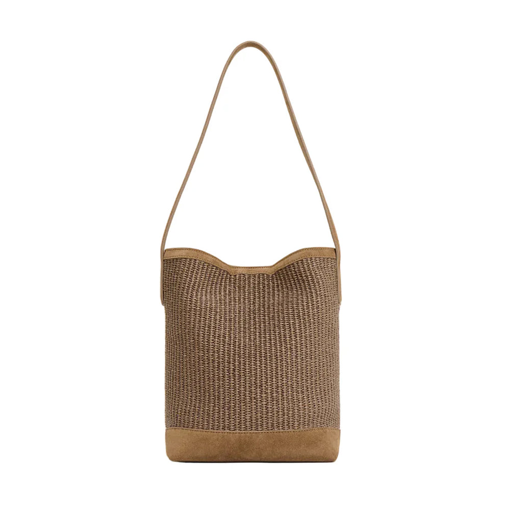 Front view of Small Everyday Cabas showing woven anise raffia body, anise suede base, and single shoulder strap on white background