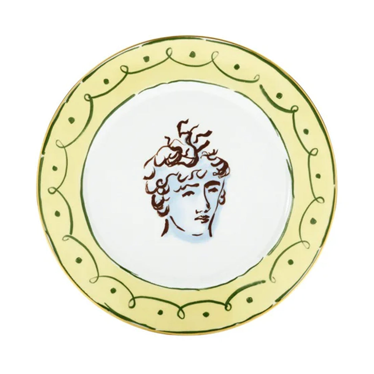 Top view of Ill Viaggio Di Nettuno dinner plate showcasing a brown Neptune head motif and yellow-green decorative rim on white porcelain
