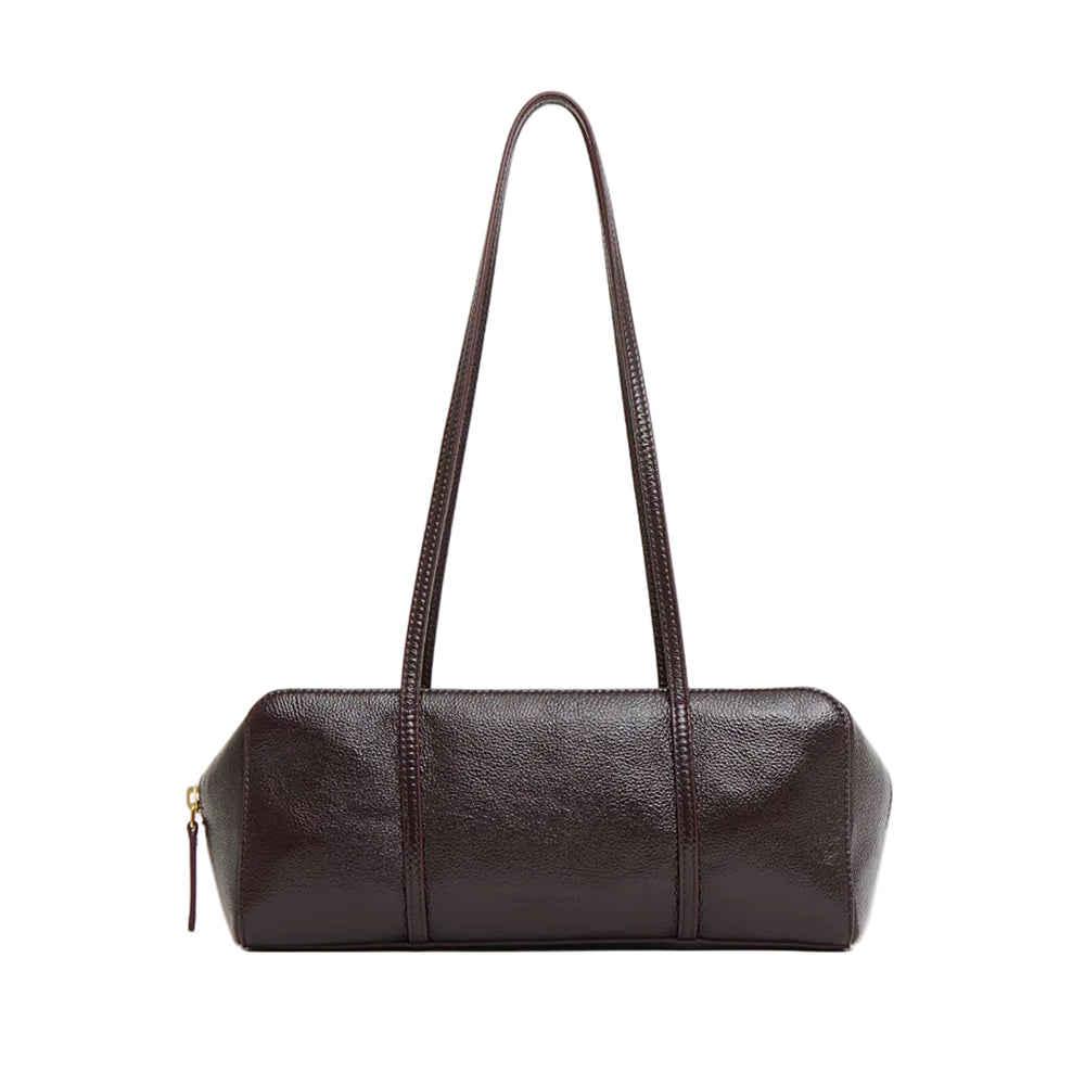 Front view of Filo bag in aubergine showing rectangular silhouette, thin double straps, zip closure, and pebbled suede on white background