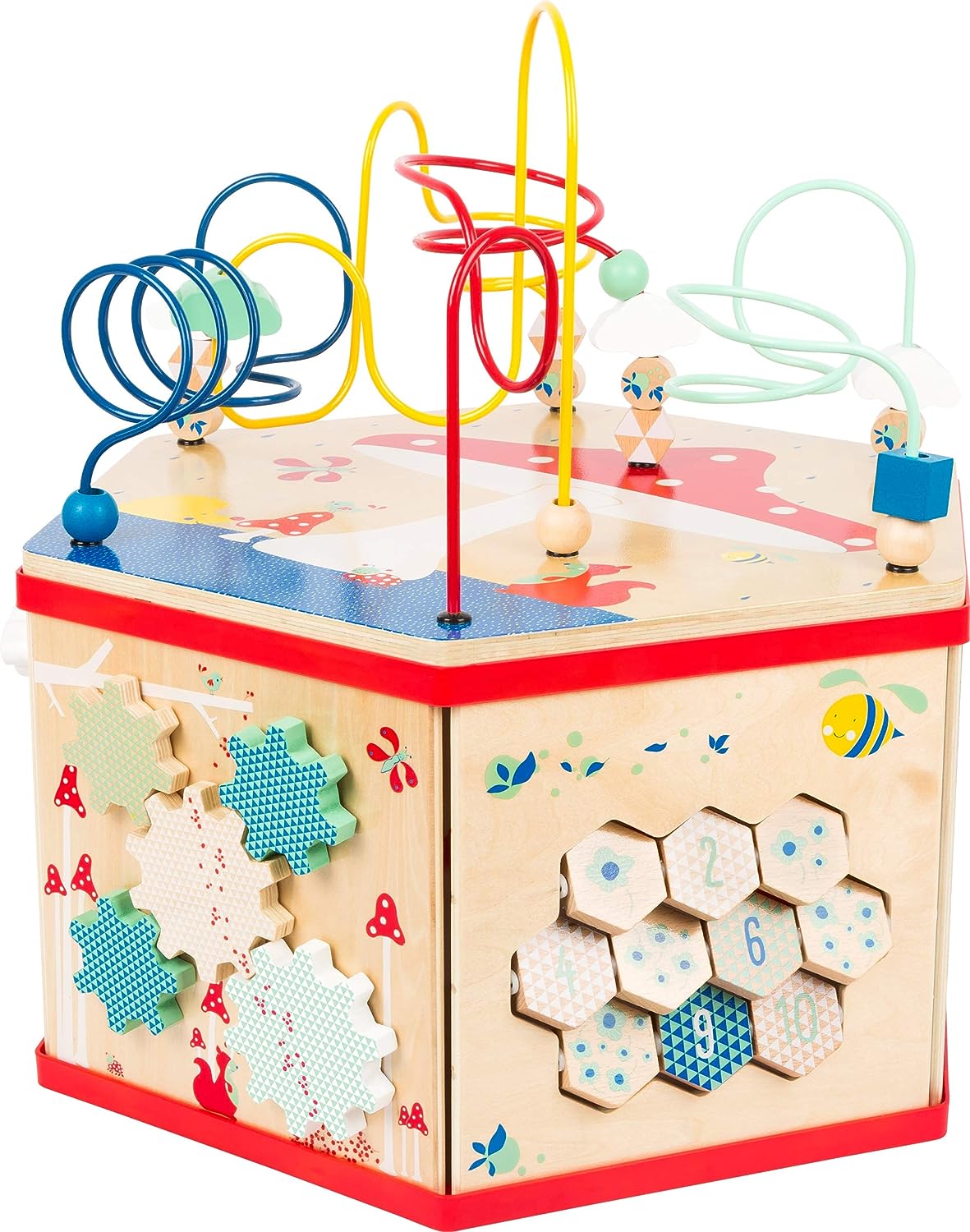 Front view of Wooden Activity Cube XL Nature Mushroom Theme showcasing bead mazes and numbered tiles on a white background