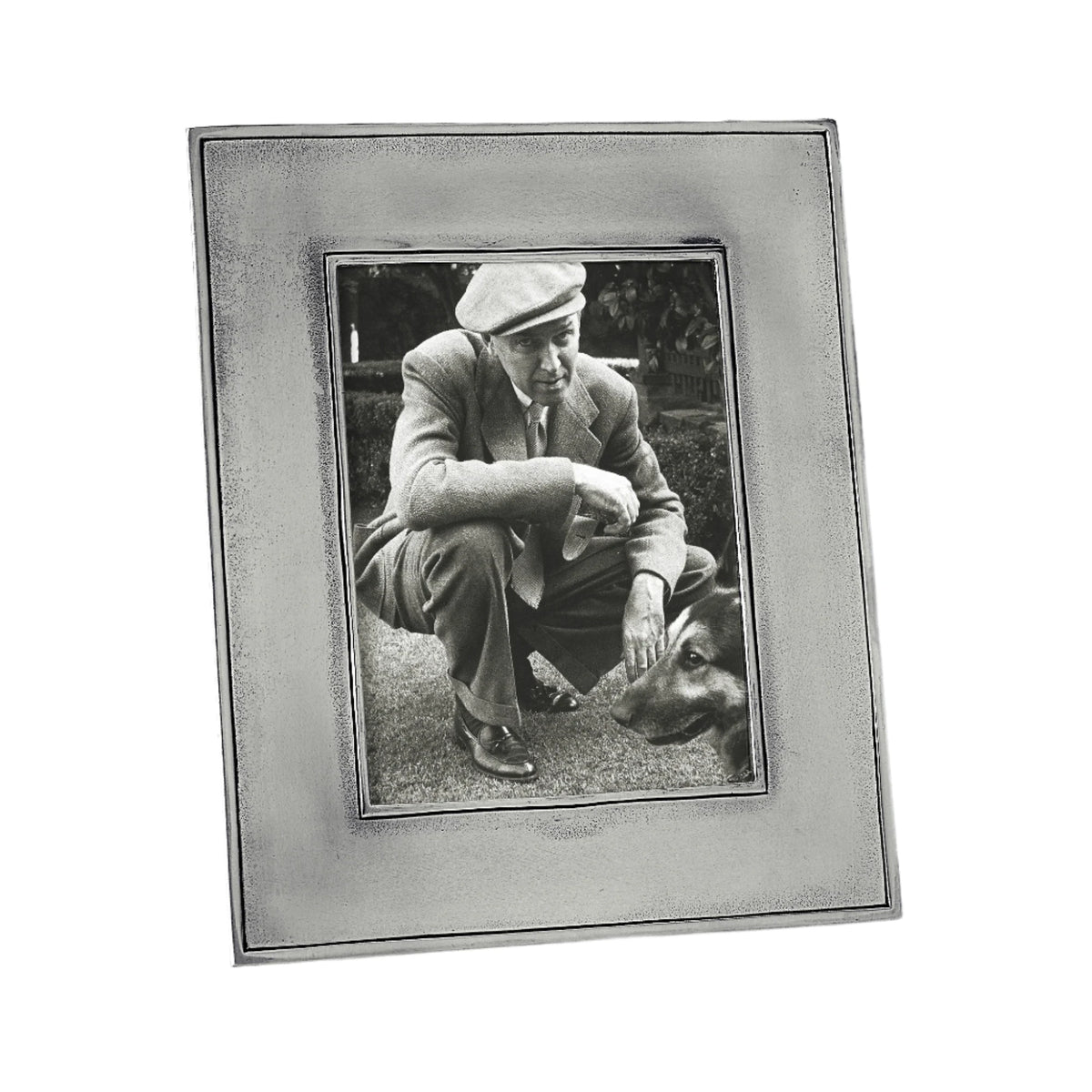 Angled front view of Lombardia small rectangular pewter frame showcasing a brushed metal border and inset black-and-white photo on white background