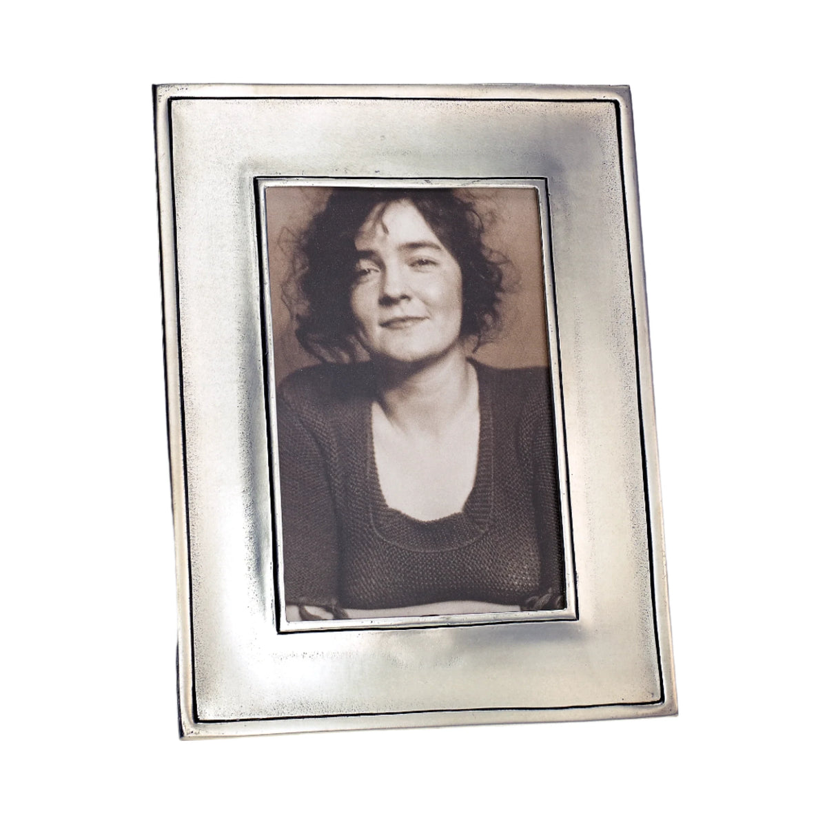 Angled view of Lombardia rectangle frame, small showcasing brushed pewter finish and narrow inner lip on white background