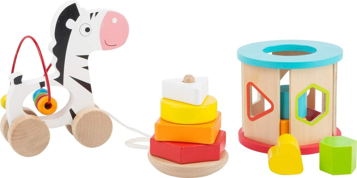 Front view of Motor Skills 3-in-1 Playset showcasing zebra pull toy, shape sorter, and stacker with white background