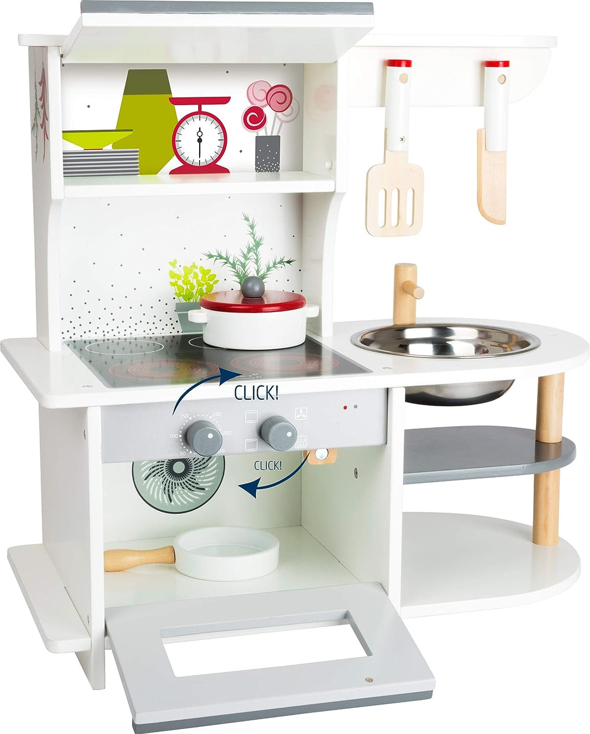 Front view of Graceful Children’s Play Kitchen Playset showcasing stovetop, sink, oven, utensils, and clicking knobs on a white background