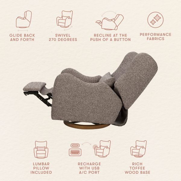 Side view of Westham electronic recliner and glider showing push button recline 270 degree swivel USB port and toffee wood base