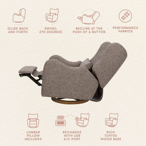 Side view of Westham electronic recliner and glider showing push button recline 270 degree swivel USB port and toffee wood base