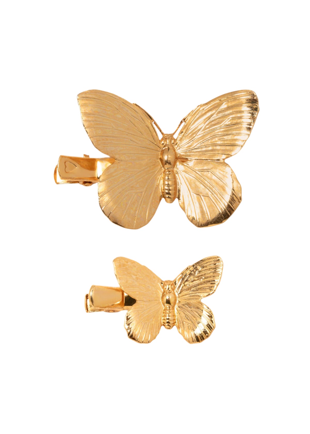 Close-up view of Papillion Hair Clips in Gold showcasing two butterfly designs and clip closures on white background