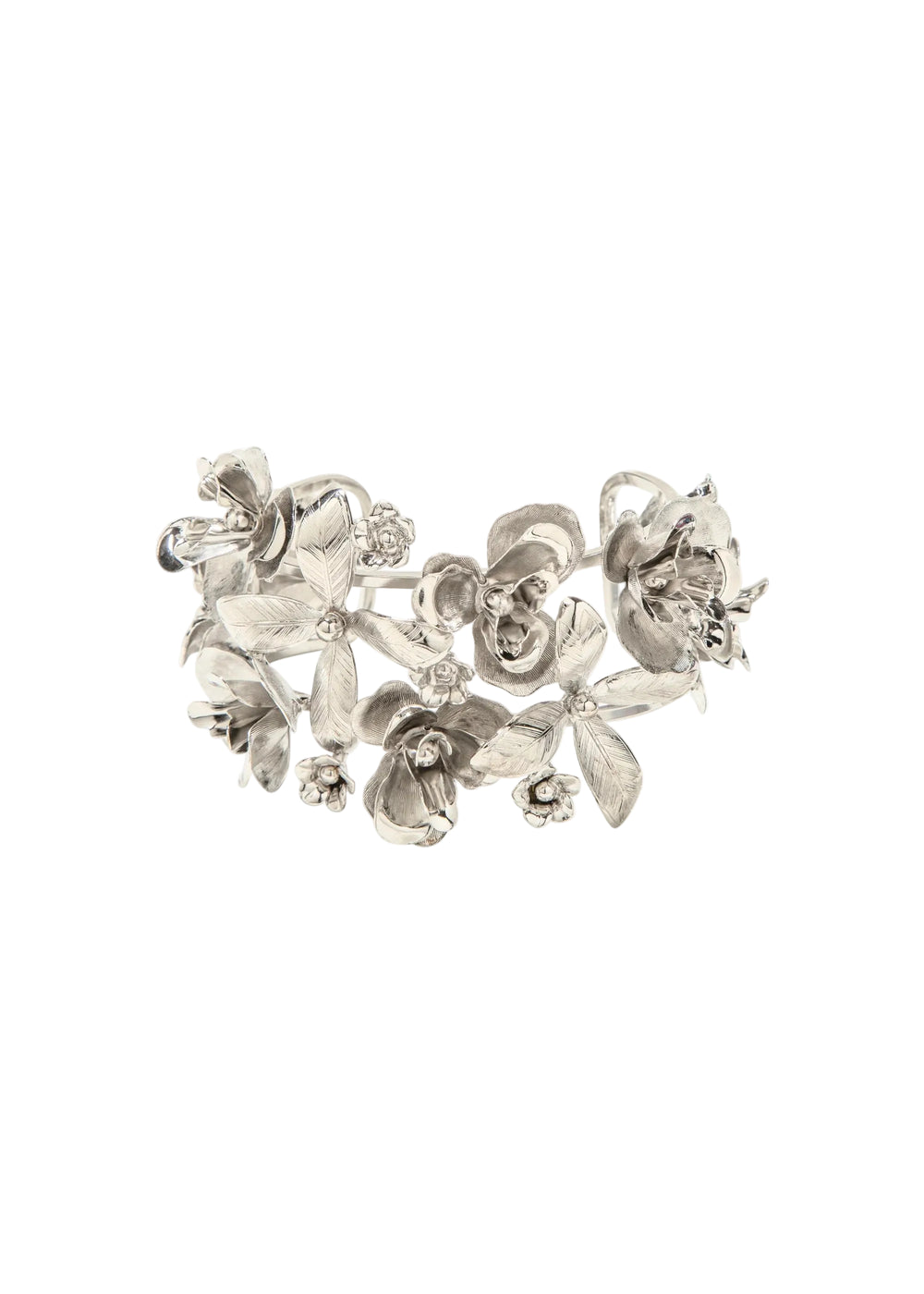 Front view of Orinda Barrette in silver showing hand-formed geometric floral metalwork on white background
