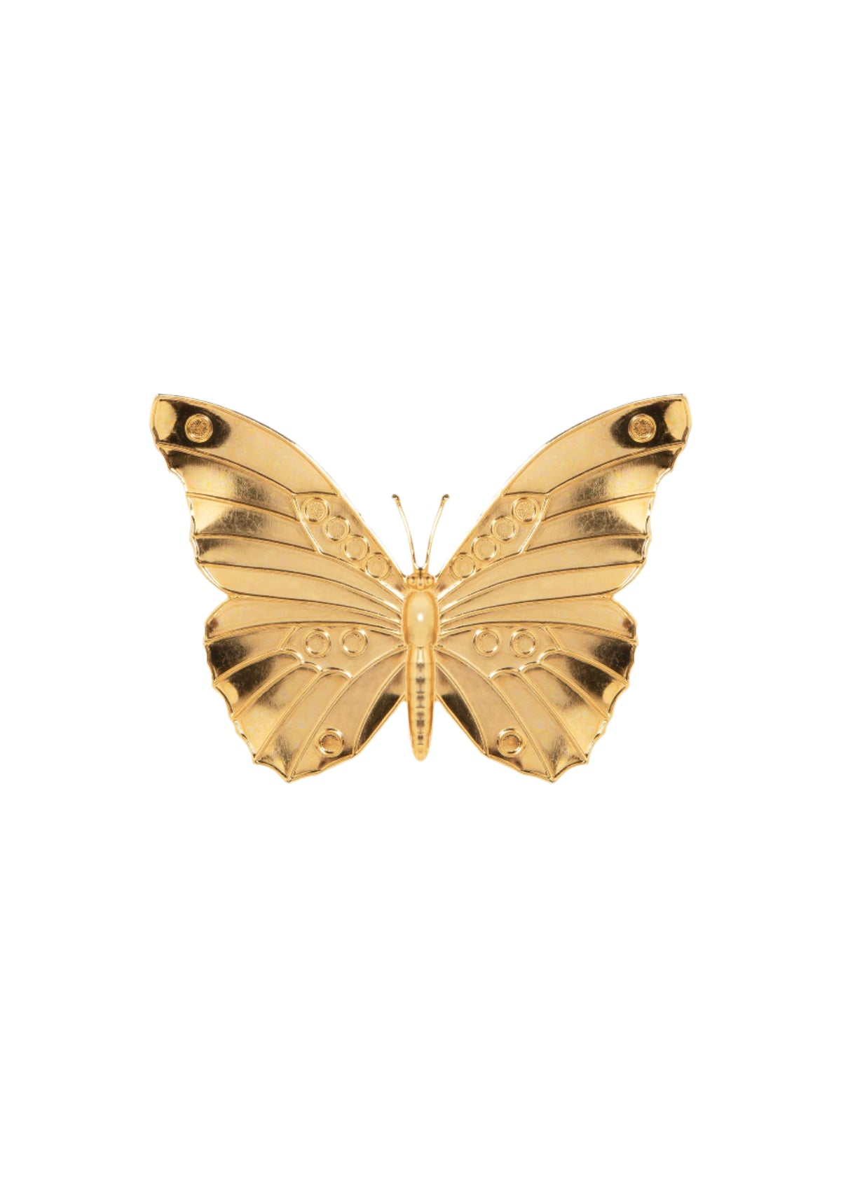 Front view of Caria Barrette in Gold showcasing a geometric butterfly emblem with a white background