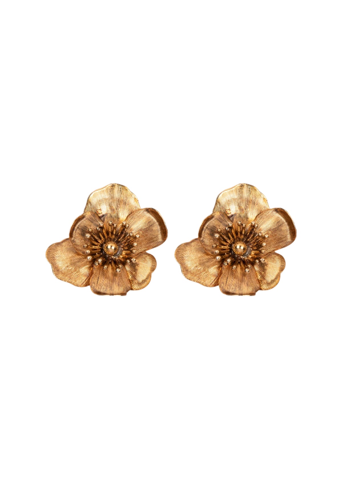 Front view of Kenna Earrings in Gold showcasing sculpted flower petals and stamen details on a white background