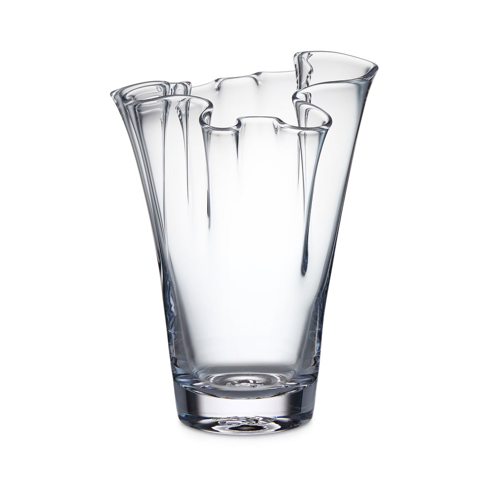Front view of Anemone Vase in large showcasing wide ruffled hand-shaped rim and clear glass on white background