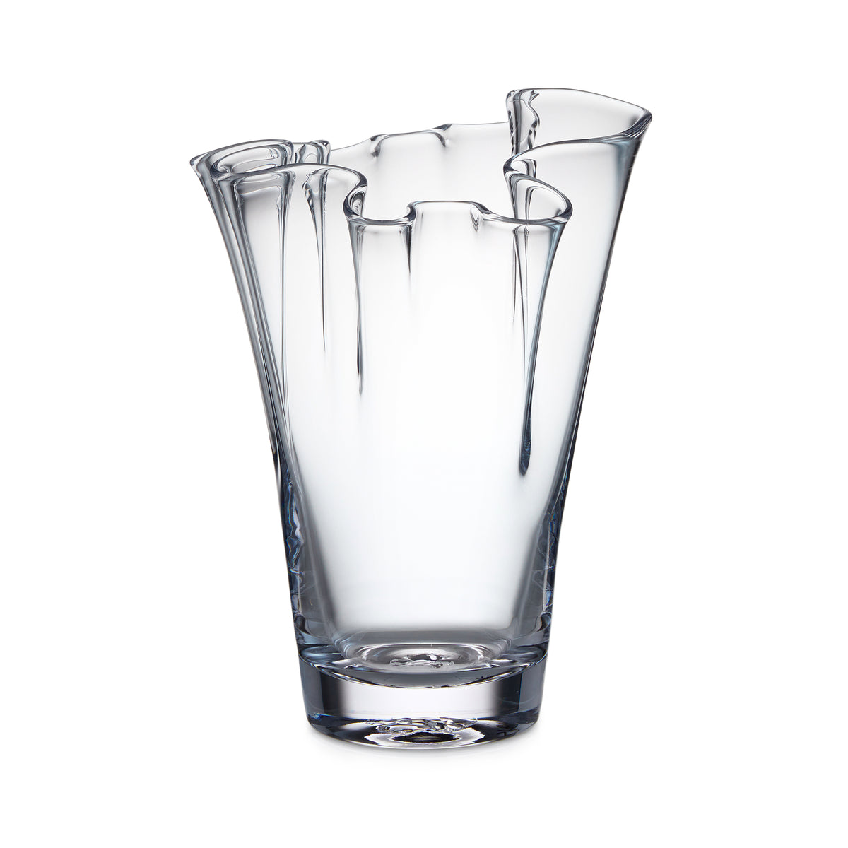 Front view of Anemone Vase in large showcasing wide ruffled hand-shaped rim and clear glass on white background