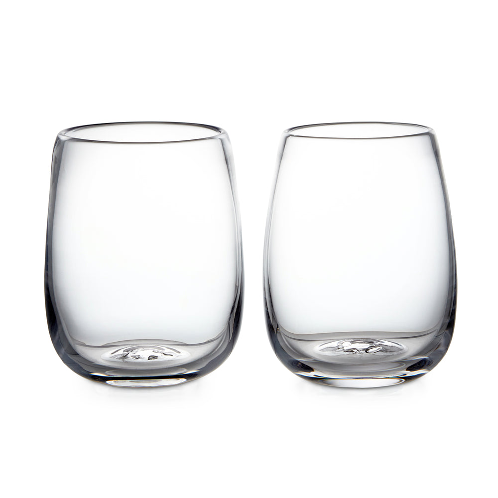 Front view of Woodstock tumbler set of two in clear glass showcasing rounded body and softly rounded rim on white background
