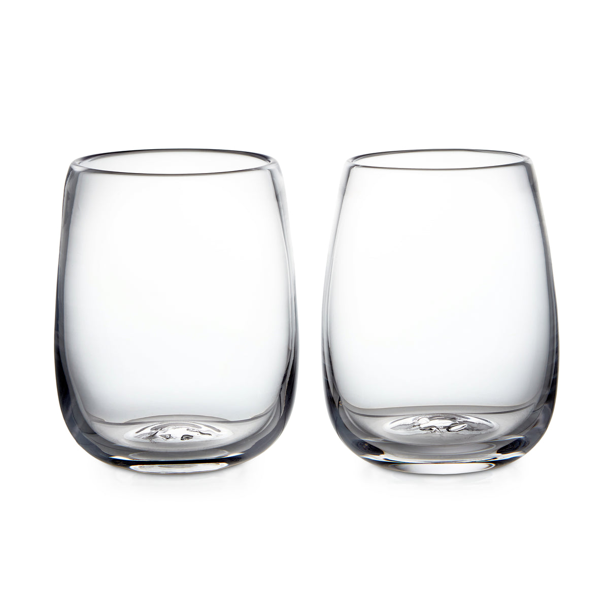 Front view of Woodstock tumbler set of two in clear glass showcasing rounded body and softly rounded rim on white background