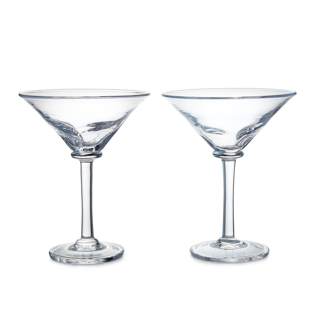 Front view of Woodbury martini glasses, set of 2, showing sculptural squared creases and clear stems on white background