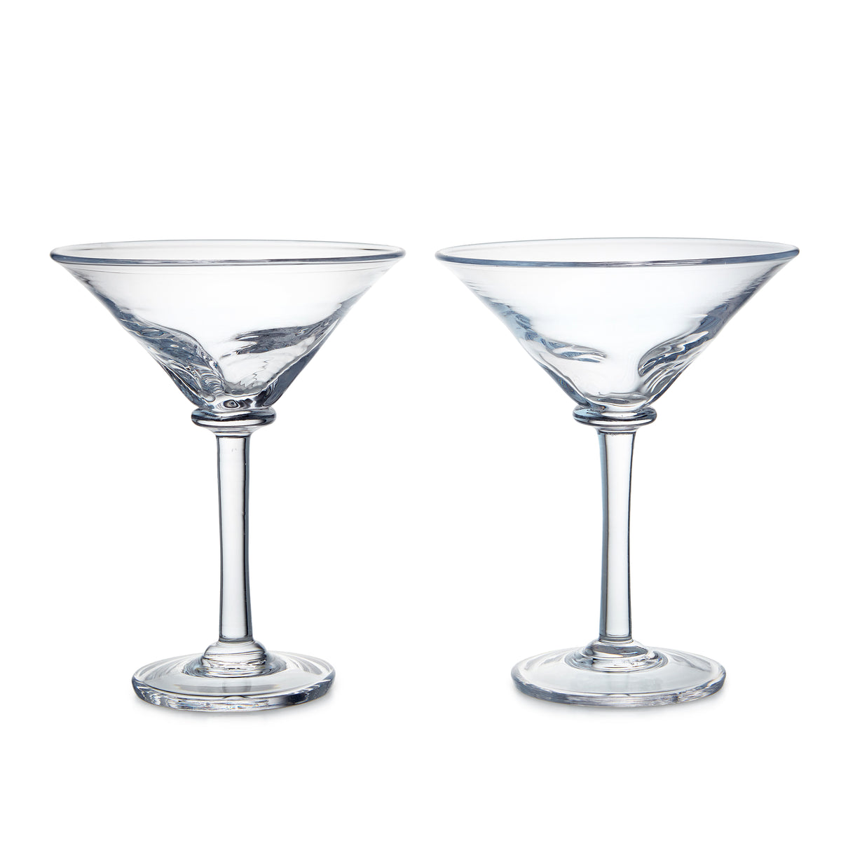 Front view of Woodbury martini glasses, set of 2, showing sculptural squared creases and clear stems on white background