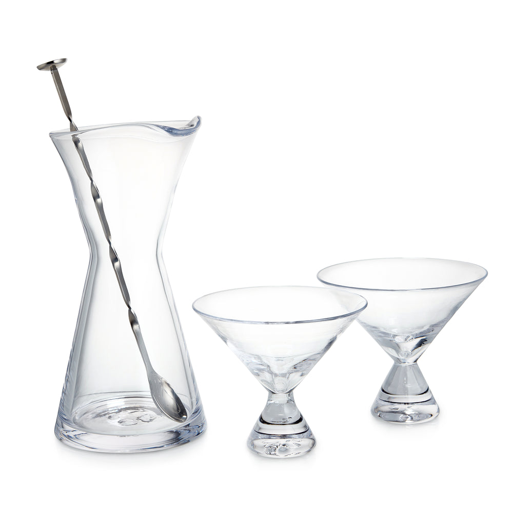 Front of Westport Bar Gift Set with inverted-cone carafe, two martini glasses, and twisted stainless steel spoon on white