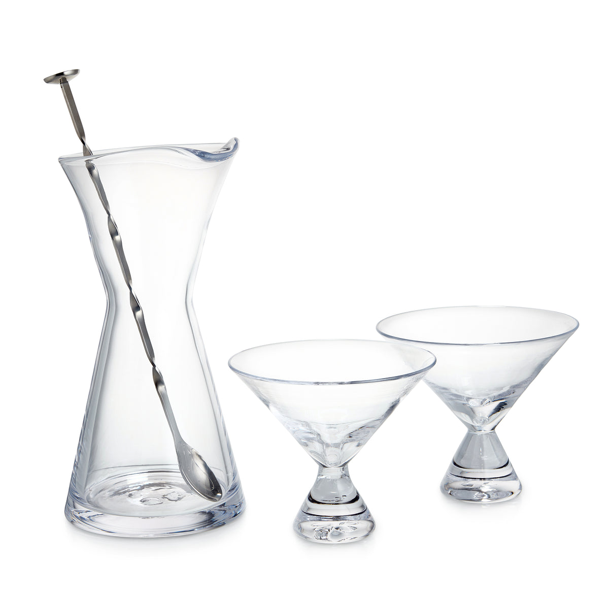 Front of Westport Bar Gift Set with inverted-cone carafe, two martini glasses, and twisted stainless steel spoon on white