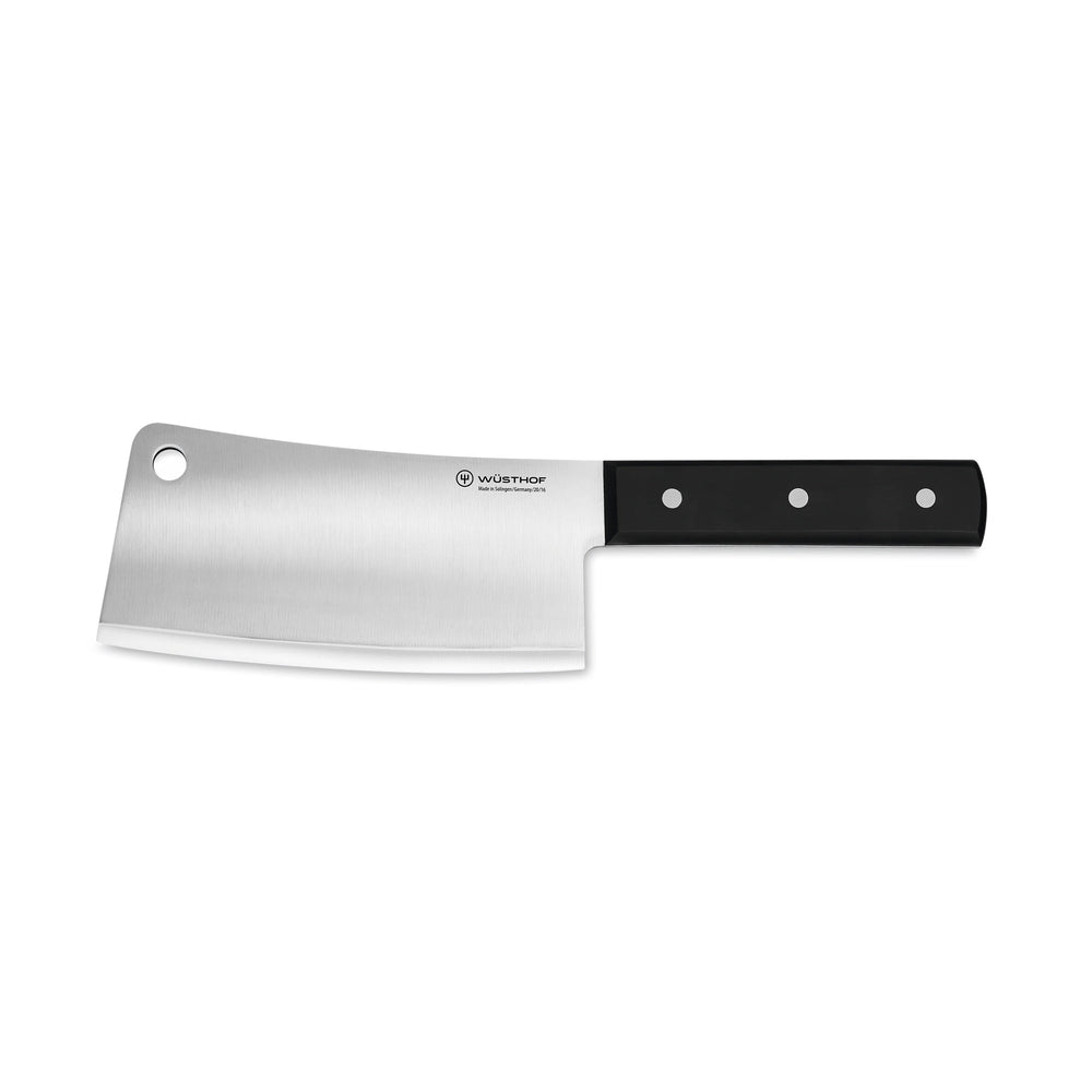 Side view of 6-inch Wüsthof cleaver showcasing wide forged stainless-steel blade and triple-riveted black handle on white background