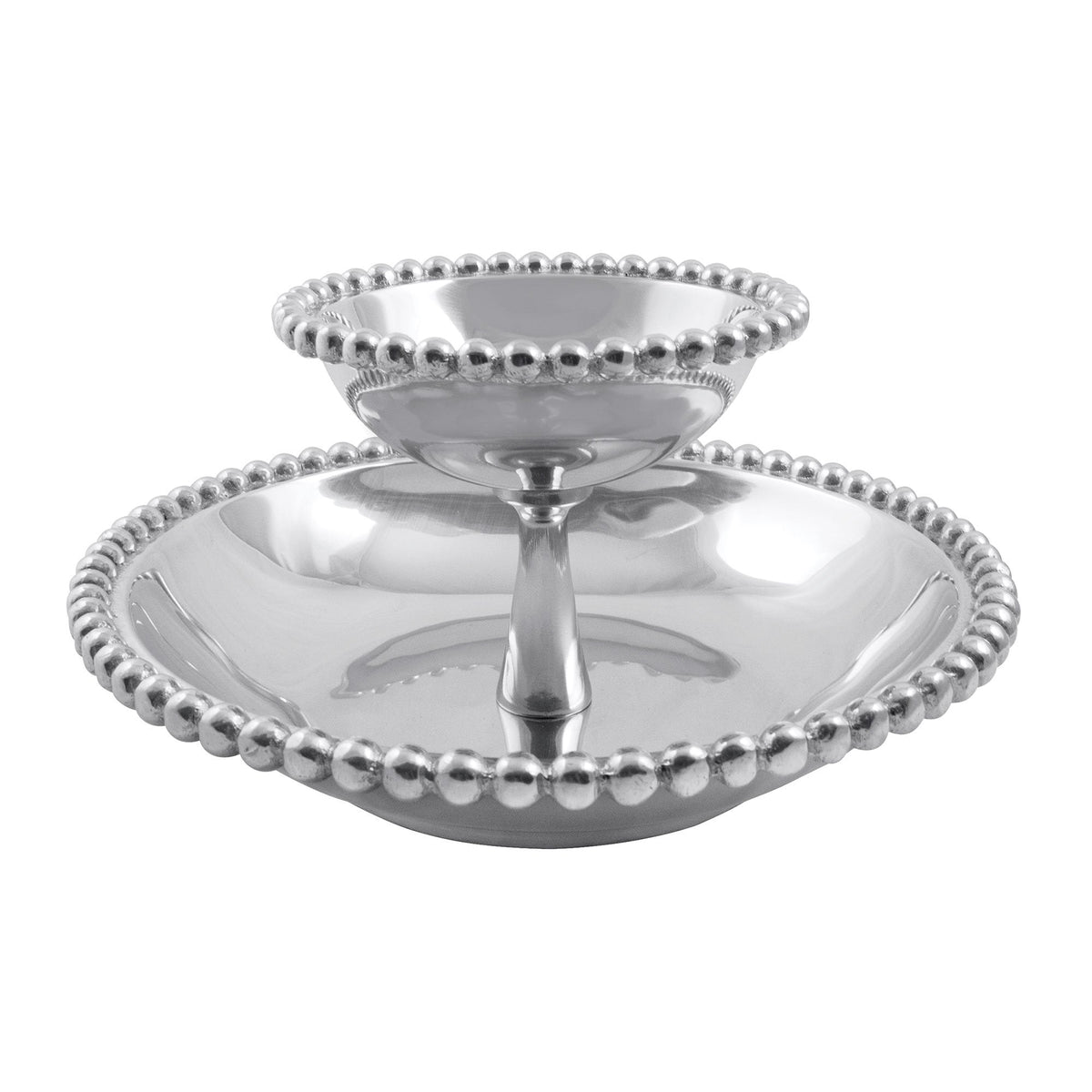 Front view of Pearled Tiered Chip & Dip showcasing two tiers with pearled edges on a white background