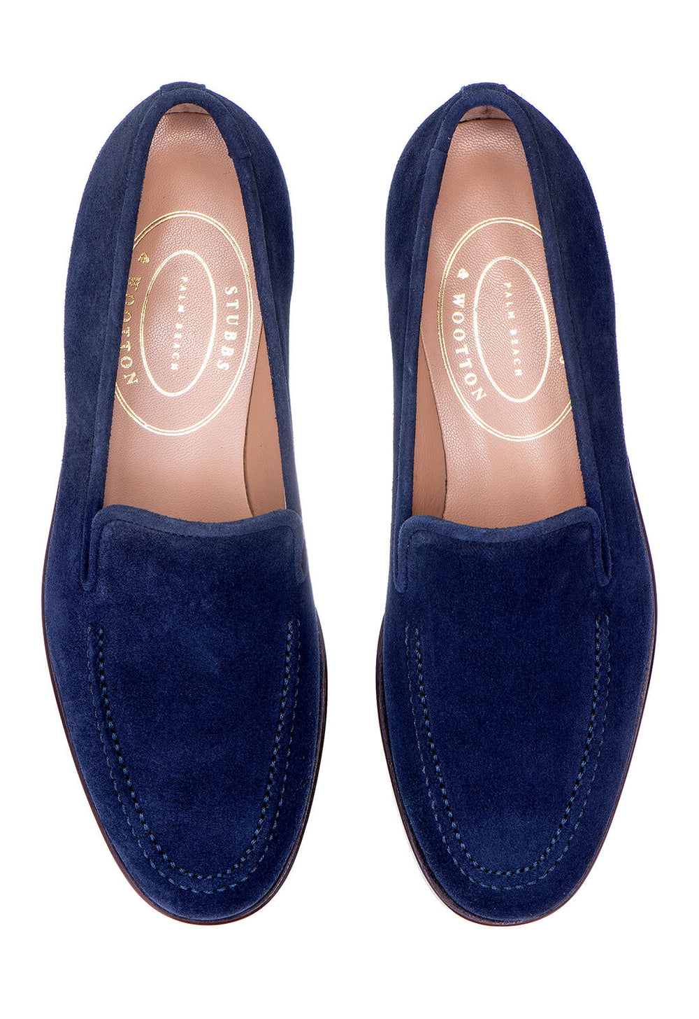 Top view of Men’s Venetian Navy Split loafers in navy split suede with self-welt trim on white background