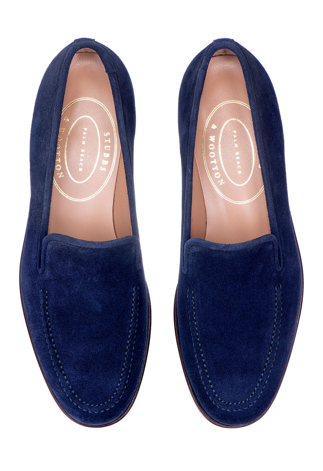 Top view of Men’s Venetian Navy Split loafers in navy split suede with self-welt trim on white background