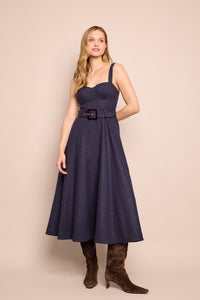 Calypso Dress in Navy Chalk Stripe