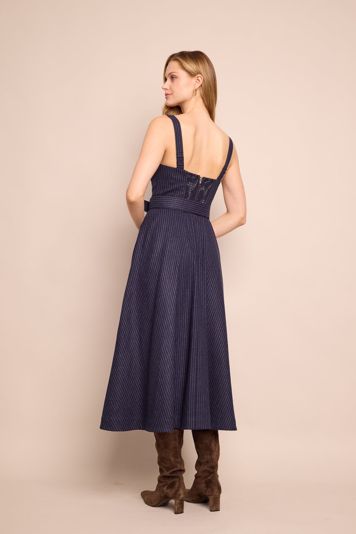 Calypso Dress in Navy Chalk Stripe